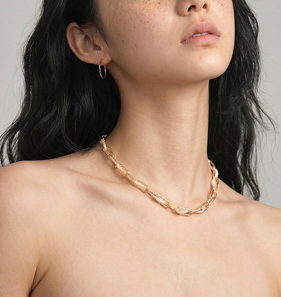 Baroque Pearl Choker Necklace for Women 14K Gold Plated Chain with Freshwater Pearls