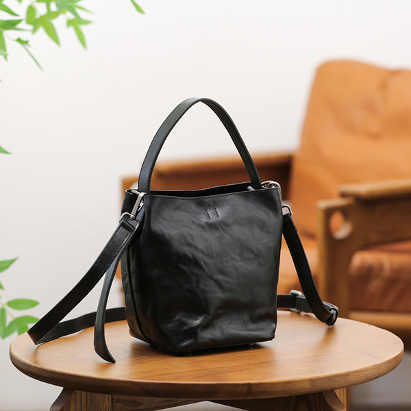 Black Leather Bucket Bag for Women Small Crossbody Top Handle Bag Accessories