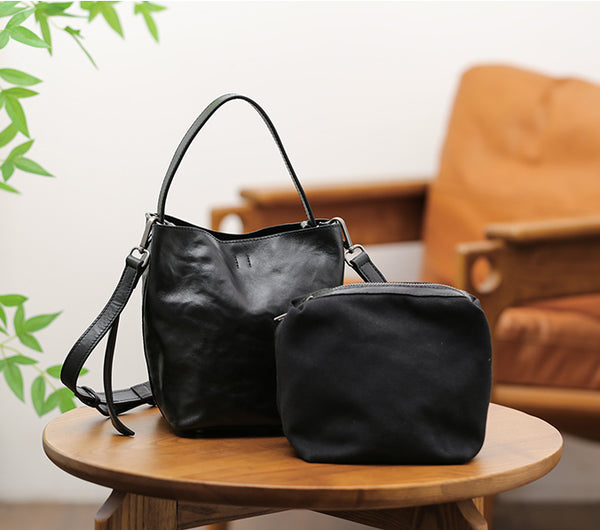 Black Leather Bucket Bag for Women Small Crossbody Top Handle Bag Affordable