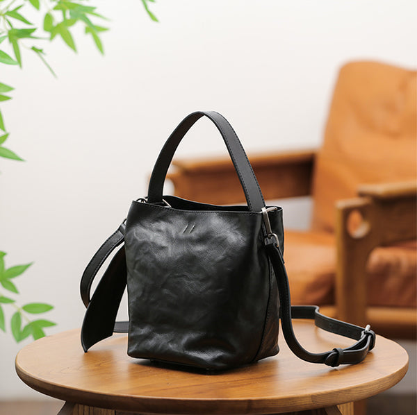Black Leather Bucket Bag for Women Small Crossbody Top Handle Bag
