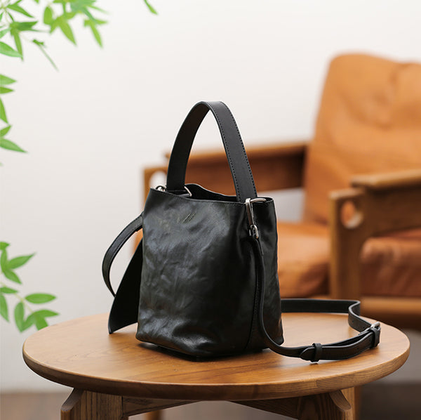 Black Leather Bucket Bag for Women Small Crossbody Top Handle Bag Beautiful