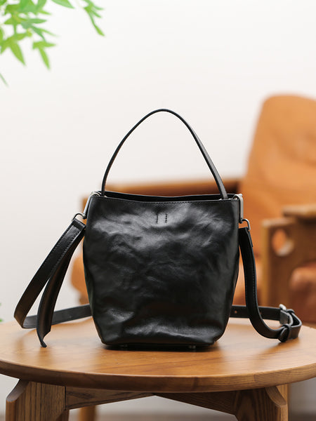 Black Leather Bucket Bag for Women Small Crossbody Top Handle Bag Black
