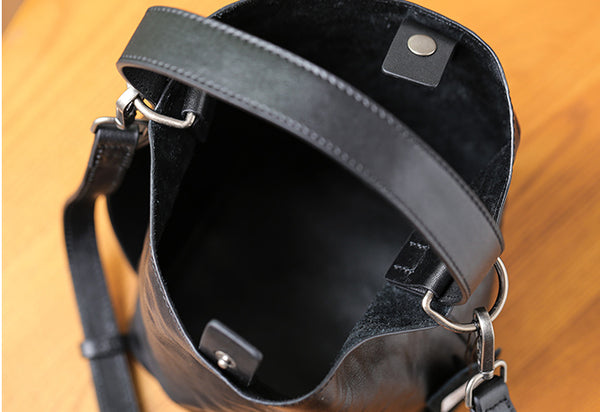 Black Leather Bucket Bag for Women Small Crossbody Top Handle Bag Capacity
