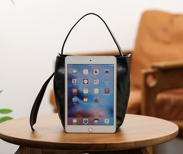 Black Leather Bucket Bag for Women Small Crossbody Top Handle Bag Casual