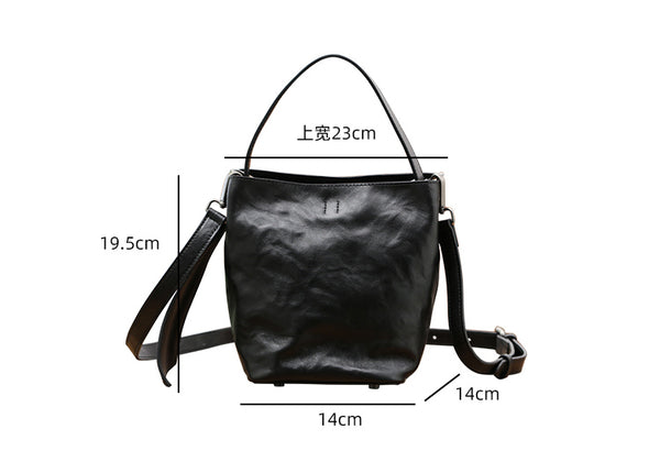 Black Leather Bucket Bag for Women Small Crossbody Top Handle Bag Chic