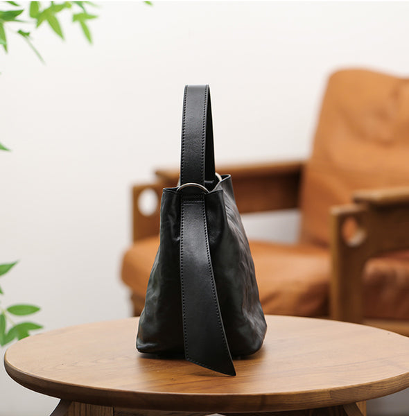 Black Leather Bucket Bag for Women Small Crossbody Top Handle Bag Classic