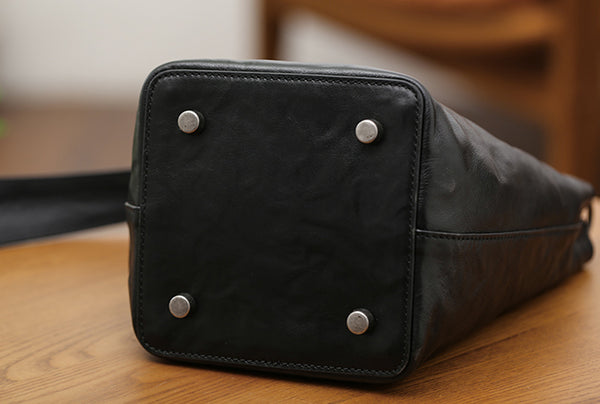 Black Leather Bucket Bag for Women Small Crossbody Top Handle Bag Classy