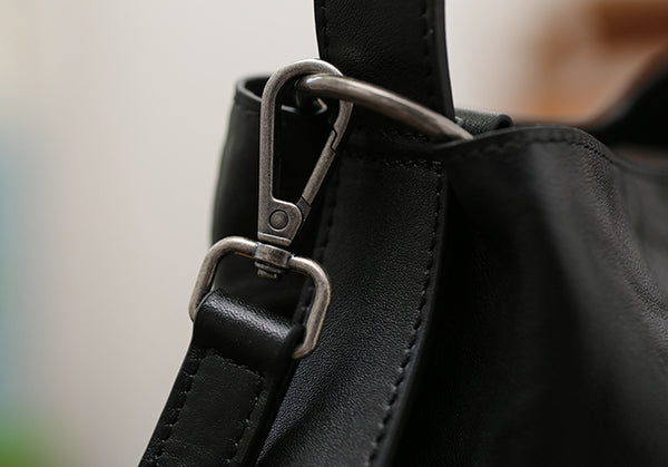 Black Leather Bucket Bag for Women Small Crossbody Top Handle Bag Details