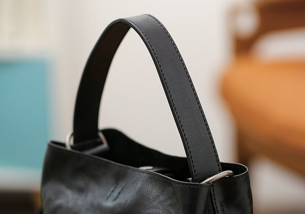 Black Leather Bucket Bag for Women Small Crossbody Top Handle Bag Fashion