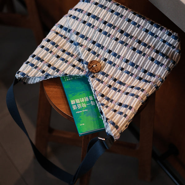 Blue Jacquard Cotton Hobo Tote Bag for Women Textured Fabric Shoulder Bag Aesthetic