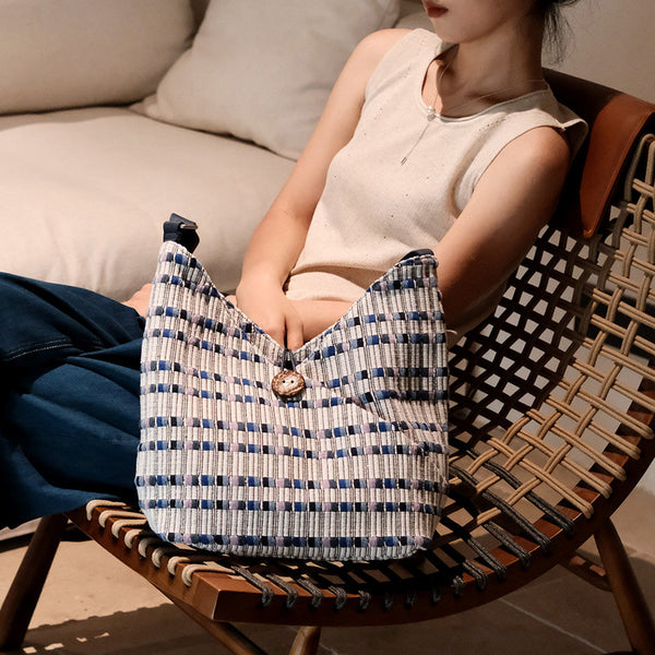 Blue Jacquard Cotton Hobo Tote Bag for Women Textured Fabric Shoulder Bag Casual