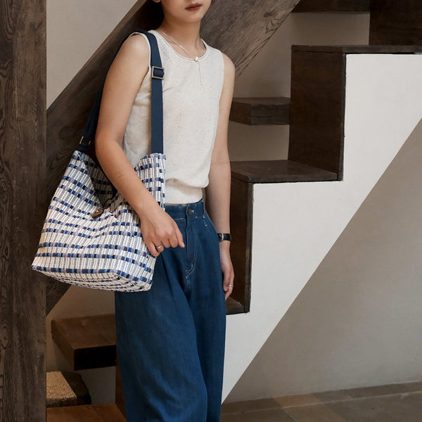 Blue Jacquard Cotton Hobo Tote Bag for Women Textured Fabric Shoulder Bag Classic