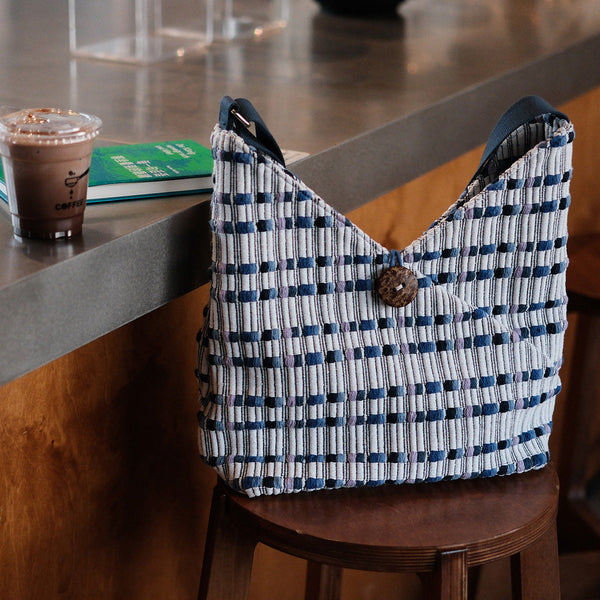 Blue Jacquard Cotton Hobo Tote Bag for Women Textured Fabric Shoulder Bag Cool