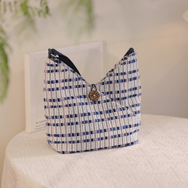 Blue Jacquard Cotton Hobo Tote Bag for Women Textured Fabric Shoulder Bag Designer