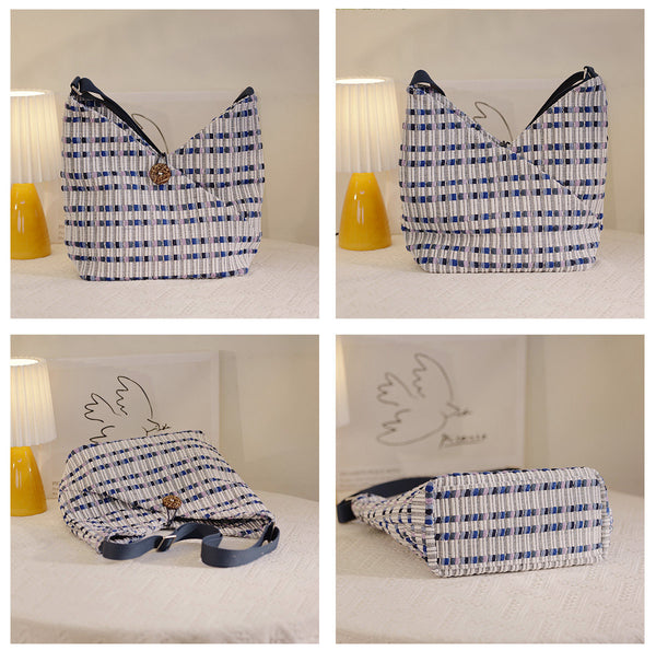Blue Jacquard Cotton Hobo Tote Bag for Women Textured Fabric Shoulder Bag Details