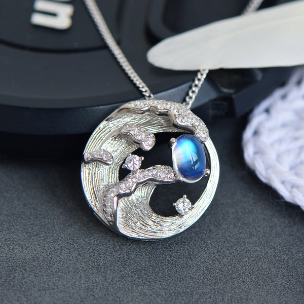 Blue Moonstone Pendant Necklace for Women Silver Necklace with Wave and Moon Design Accessories