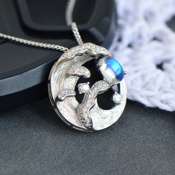 Blue Moonstone Pendant Necklace for Women Silver Necklace with Wave and Moon Design
