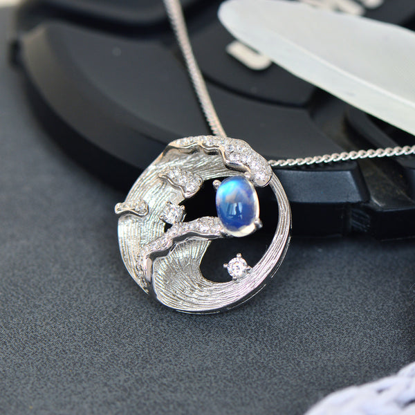 Blue Moonstone Pendant Necklace for Women Silver Necklace with Wave and Moon Design Beautiful