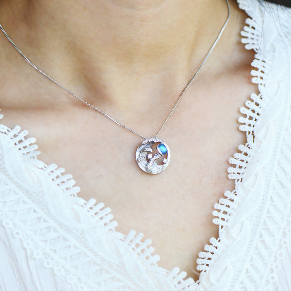 Blue Moonstone Pendant Necklace for Women Silver Necklace with Wave and Moon Design Casual
