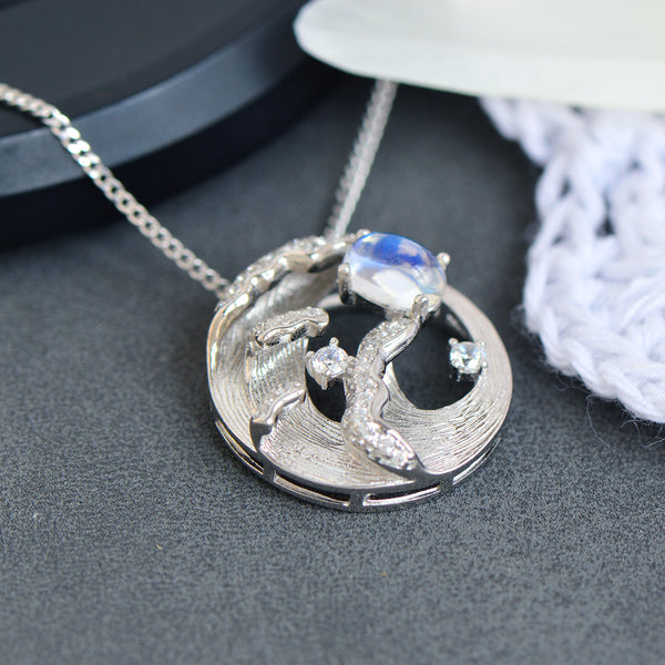 Blue Moonstone Pendant Necklace for Women Silver Necklace with Wave and Moon Design Chic