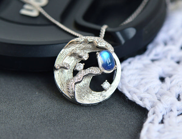Blue Moonstone Pendant Necklace for Women Silver Necklace with Wave and Moon Design Classic