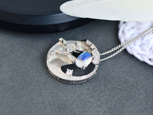 Blue Moonstone Pendant Necklace for Women Silver Necklace with Wave and Moon Design Classy