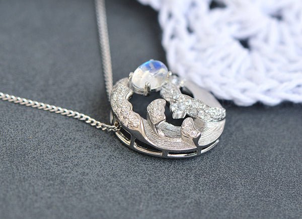 Blue Moonstone Pendant Necklace for Women Silver Necklace with Wave and Moon Design Cute