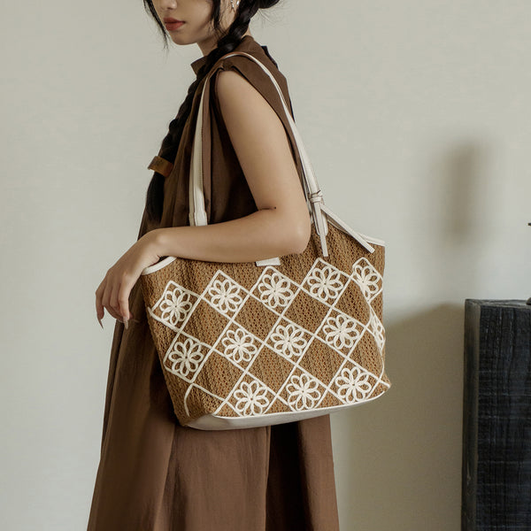 Boho Crochet Tote Bag-Large PU Leather Shoulder Bag with Canvas Lining and Laptop Compartment