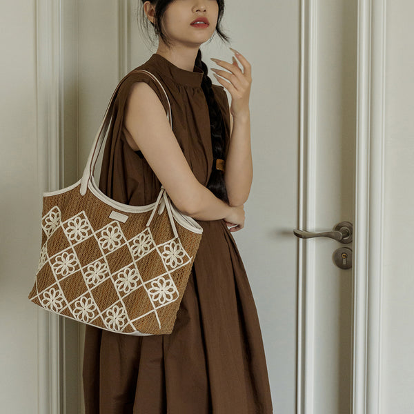 Boho Crochet Tote Bag Large PU Leather Shoulder Bag with Canvas Lining And Laptop Compartment Nice