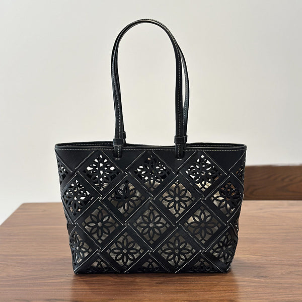 Boho Cutout Leather Tote Bag Womens Summer Shoulder Handbag Black