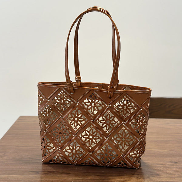 Boho Cutout Leather Tote Bag Womens Summer Shoulder Handbag Brown