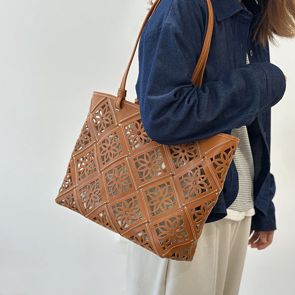 Boho Cutout Leather Tote Bag Womens Summer Shoulder Handbag Casual
