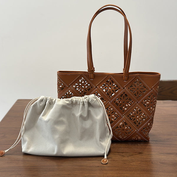 Boho Cutout Leather Tote Bag Womens Summer Shoulder Handbag Chic