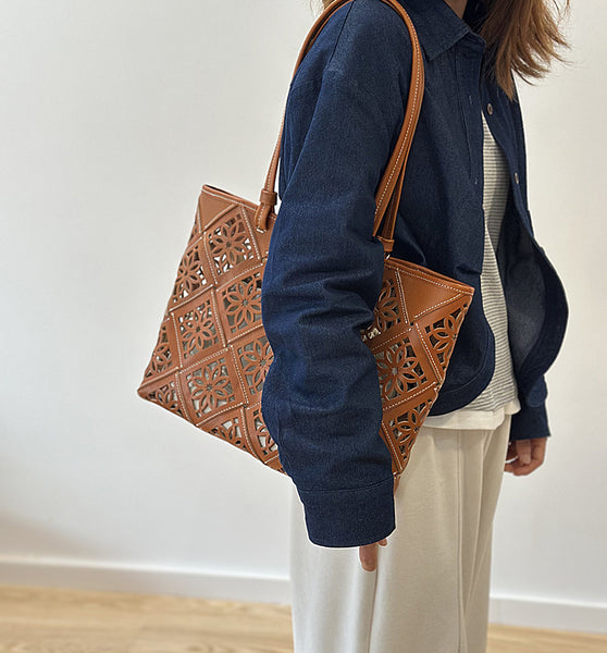 Boho Cutout Leather Tote Bag Womens Summer Shoulder Handbag Classic