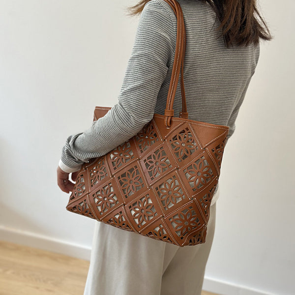 Vintage Boho Leather Tote Bag for Women Lightweight Hollow Out Design Shoulder Bag