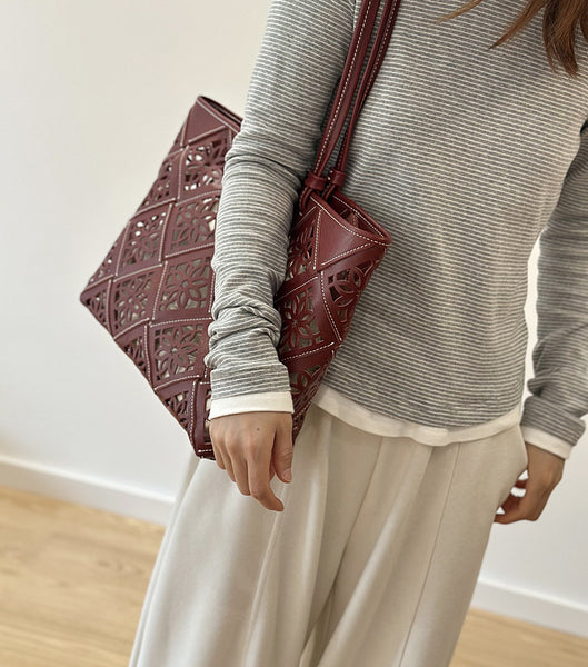 Boho Cutout Leather Tote Bag Womens Summer Shoulder Handbag Cute