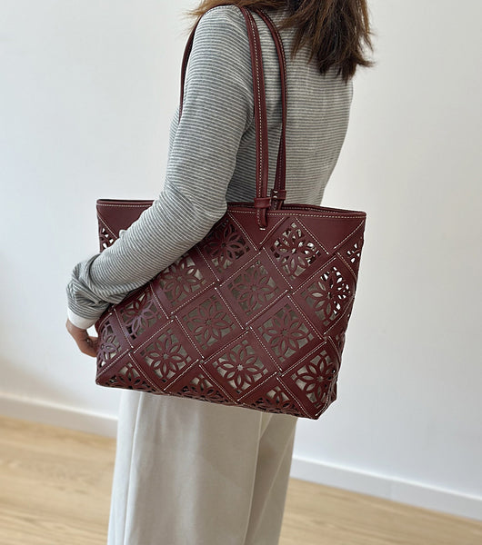Boho Womens Shoulder Bag Genuine Leather Tote Bag with Hollow Cutout Design