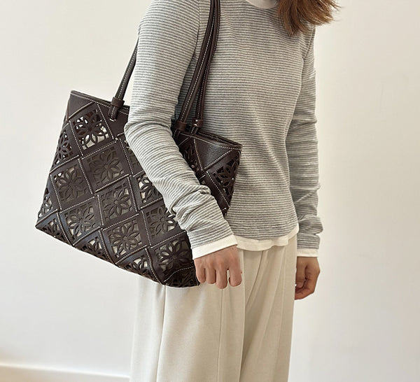 Boho Cutout Leather Tote Bag Womens Summer Shoulder Handbag Elegant