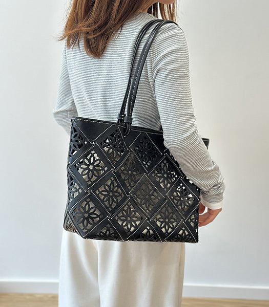 Boho Cutout Leather Tote Bag Womens Summer Shoulder Handbag