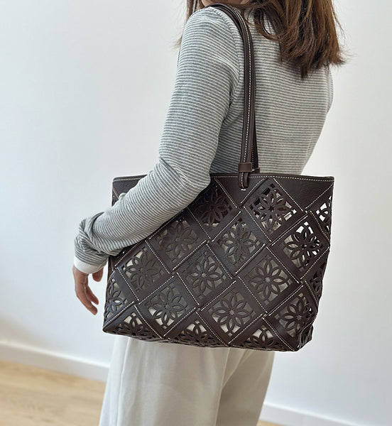 Bohemian Womens Vegetable Tanned Leather Tote Bag Cutout Handbag for Women