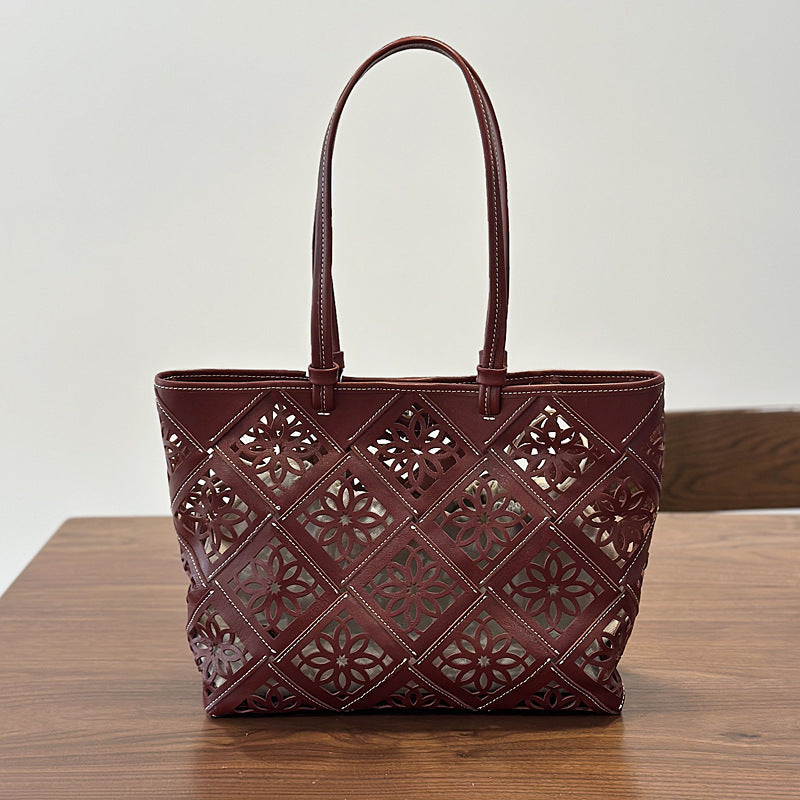 Boho Cutout Leather Tote Bag Womens Summer Shoulder Handbag Handmade