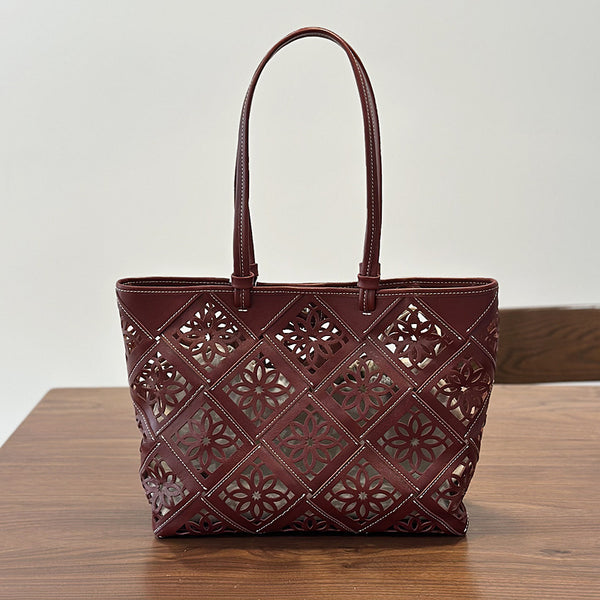 Boho Cutout Leather Tote Bag Womens Summer Shoulder Handbag Handmade