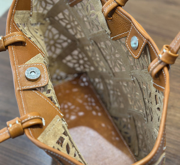 Boho Cutout Leather Tote Bag Womens Summer Shoulder Handbag Inside