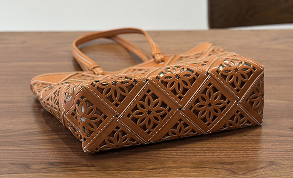 Boho Cutout Leather Tote Bag Womens Summer Shoulder Handbag Small