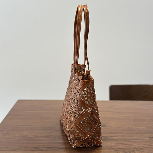 Boho Cutout Leather Tote Bag Womens Summer Shoulder Handbag Stylish