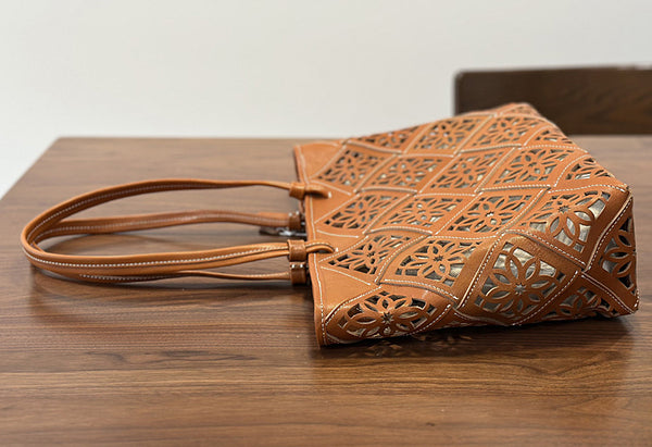 Boho Cutout Leather Tote Bag Womens Summer Shoulder Handbag Trendy