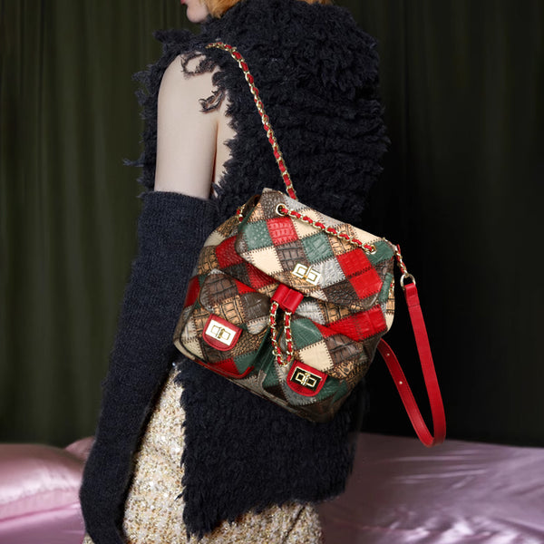 Boho Genuine Leather Patchwork Mini Backpack Bag for Women Handmade Vintage Cowhide Rucksack Bag Affordable