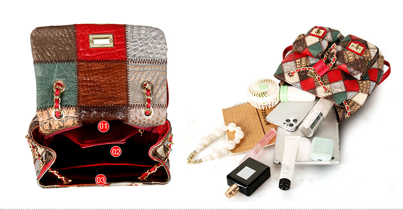 Boho Genuine Leather Patchwork Mini Backpack Bag for Women  display picture 1