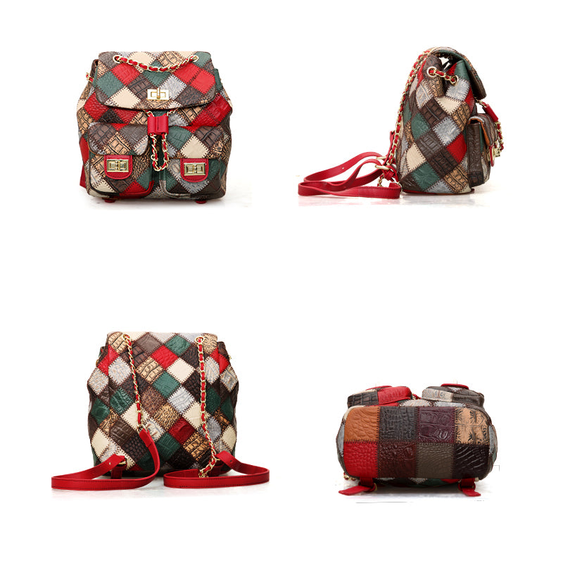 Women\'s Cowhide Leather Mini Backpack Patchwork Travel Purse Shoulder Bag Boho Genuine Leather Patchwork Mini Backpack Bag for Women  main image 2