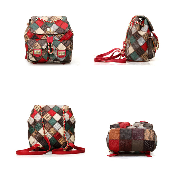Boho Genuine Leather Patchwork Mini Backpack Bag for Women Handmade Vintage Cowhide Rucksack Bag Chic